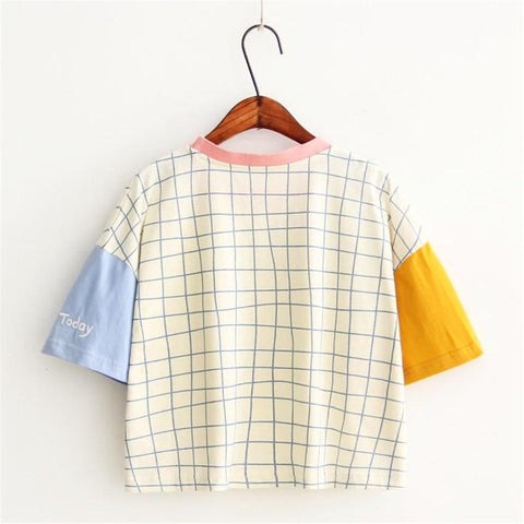 "No Work Today" Letter Embroidery Plaid Tee