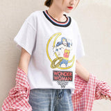 Striped Collar Wonder Women Cartoon Print T-Shirt