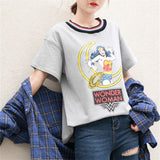 Striped Collar Wonder Women Cartoon Print T-Shirt
