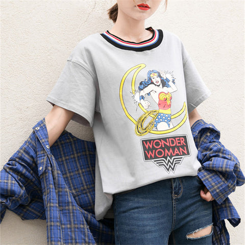 Striped Collar Wonder Women Cartoon Print T-Shirt