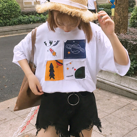 Harajuku Space Cartoon Print T-shirt