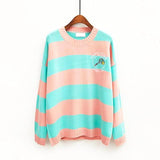Korean Knitted Cartoon Embroidery Candy-Colored Striped Sweater
