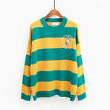 Korean Knitted Cartoon Embroidery Candy-Colored Striped Sweater